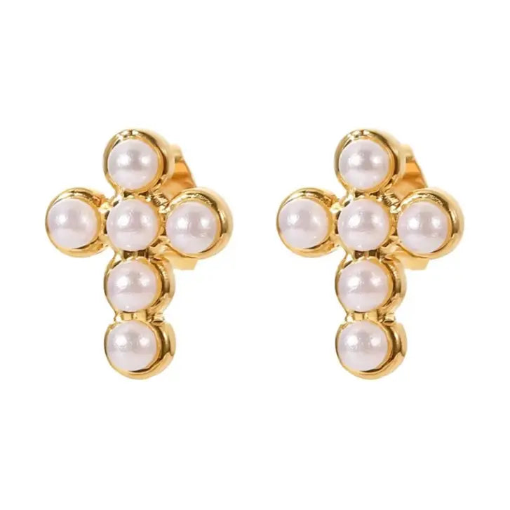 Pearl Cross Stud Earrings