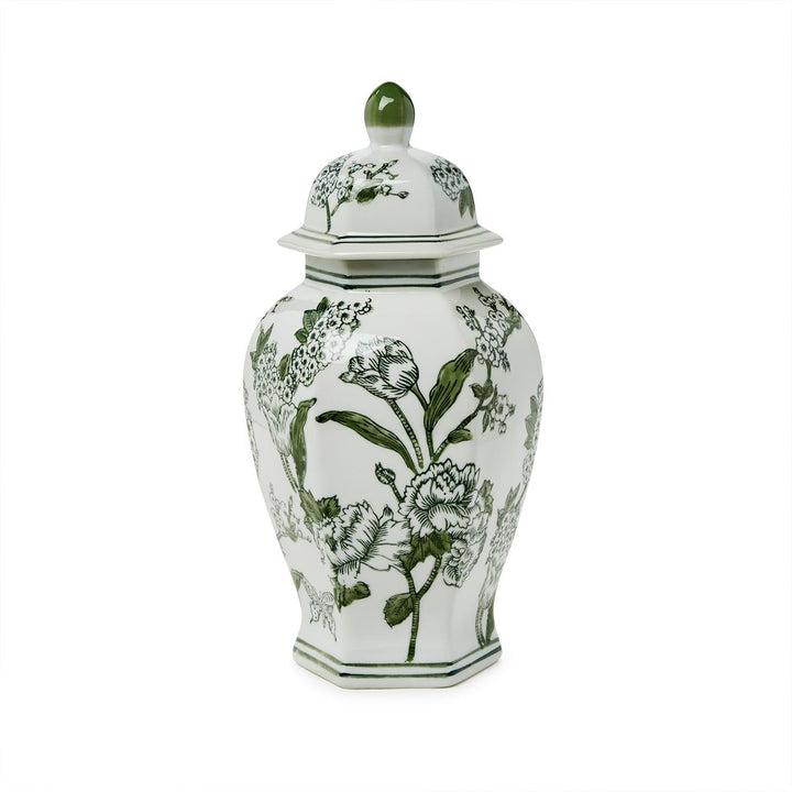 14" Primrose and Lotus Green & White Chinoiserie Hexagonal Temple Jar with Lid