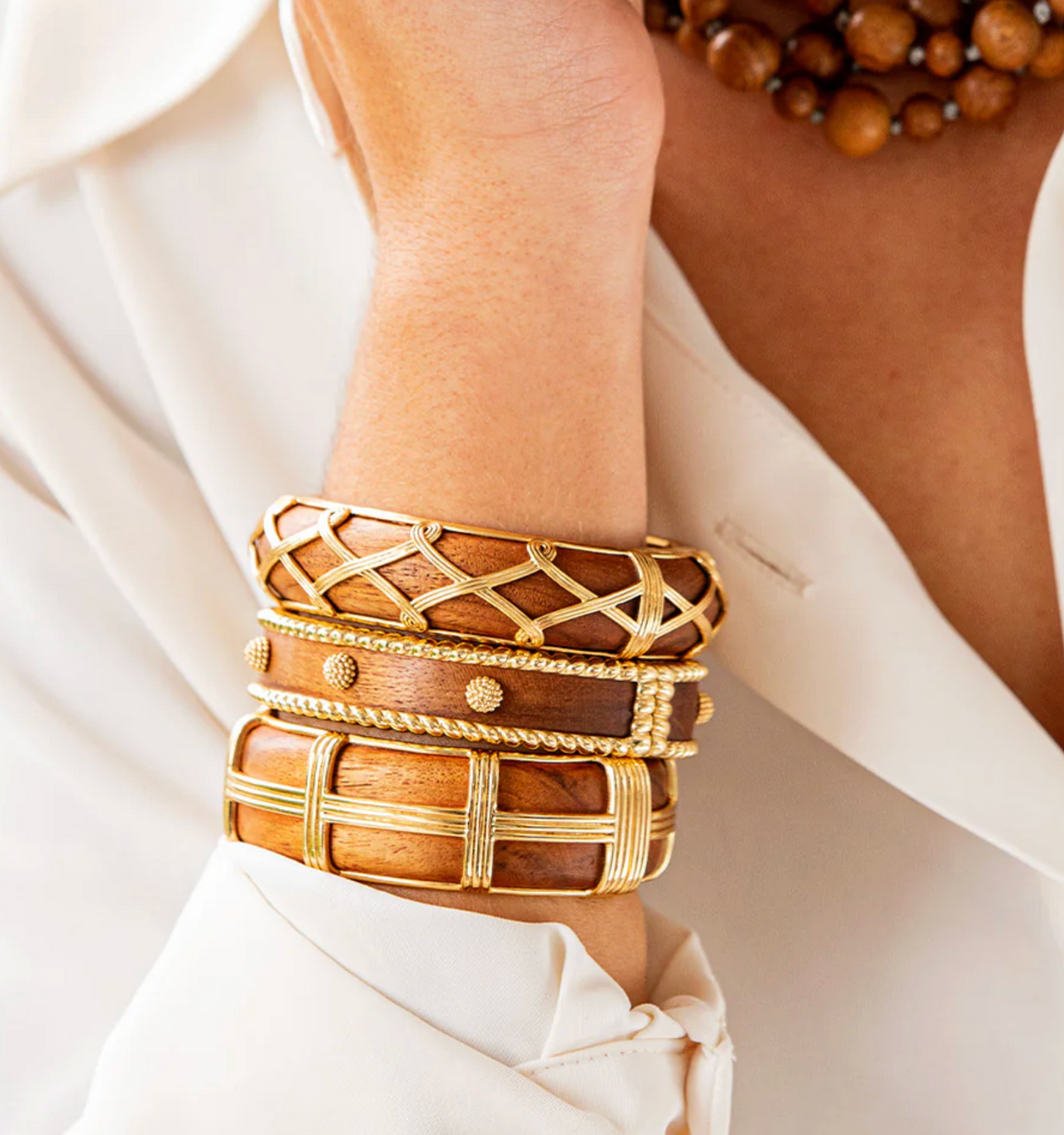 Gaia Hinged Bangle in Gold,Teak