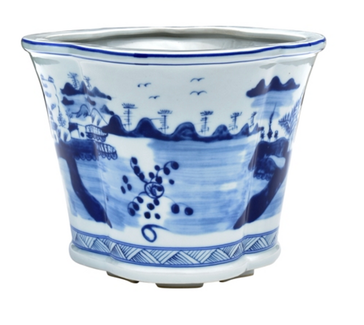 Blue & White Porcelain Oval Planter 14-inch