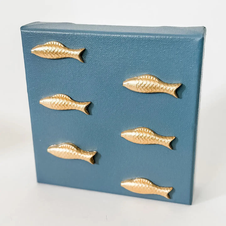 Fishies Intaglio on Blue 6x6 Canvas