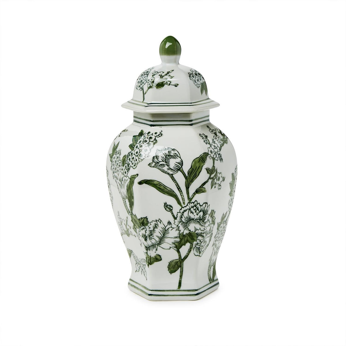 14" Primrose and Lotus Green & White Chinoiserie Hexagonal Temple Jar with Lid