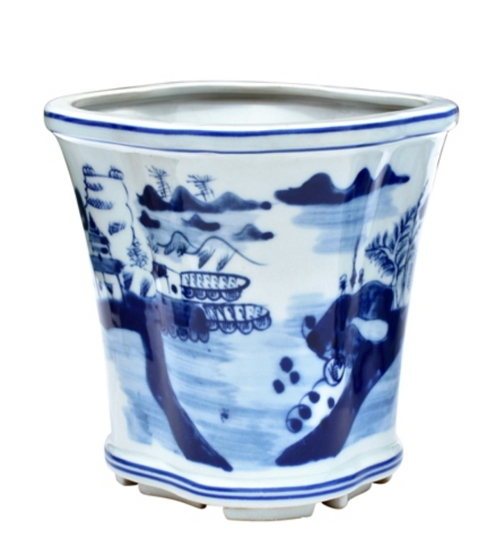 Blue & White Porcelain Oval Planter 10-inch