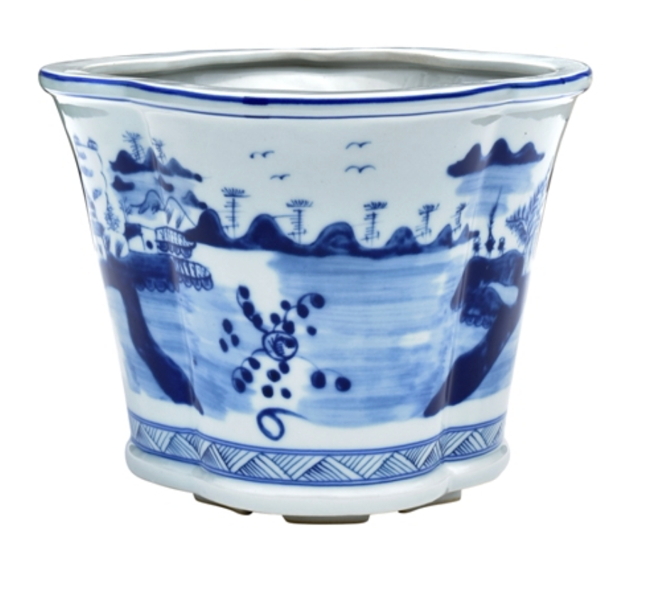 Blue & White Porcelain Oval Planter 14-inch