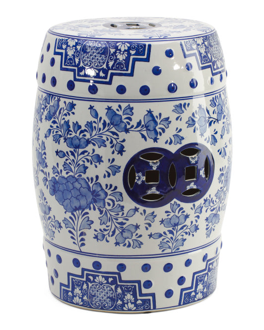 Ceramic 18" Chinoiserie Stool, Blue/White