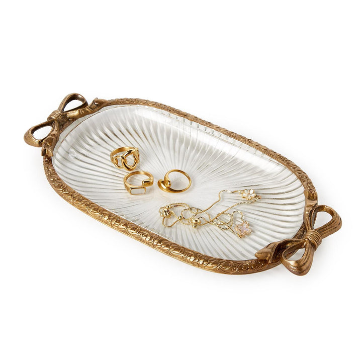 Antique Gold Finish Glass Tray w/ Bow Accent