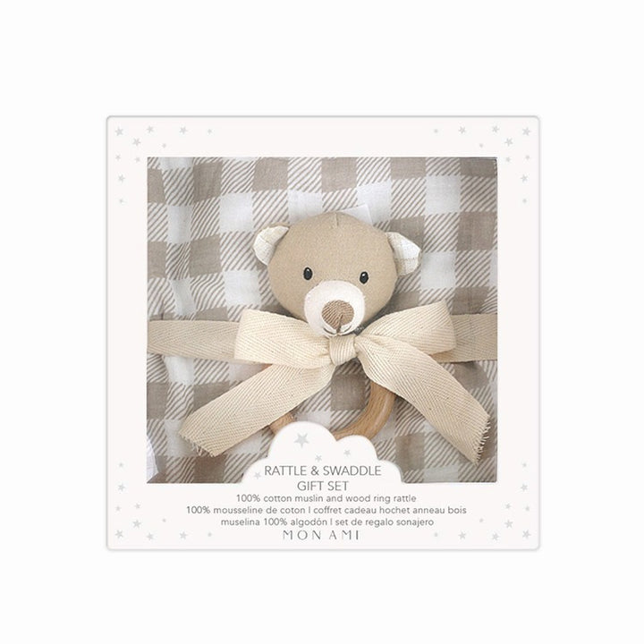 Gingham Muslin Swaddle     & Petit Bear Wood Ratt
